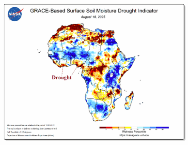 A map of africa with different colors of soil moisture AI-generated content may be incorrect.